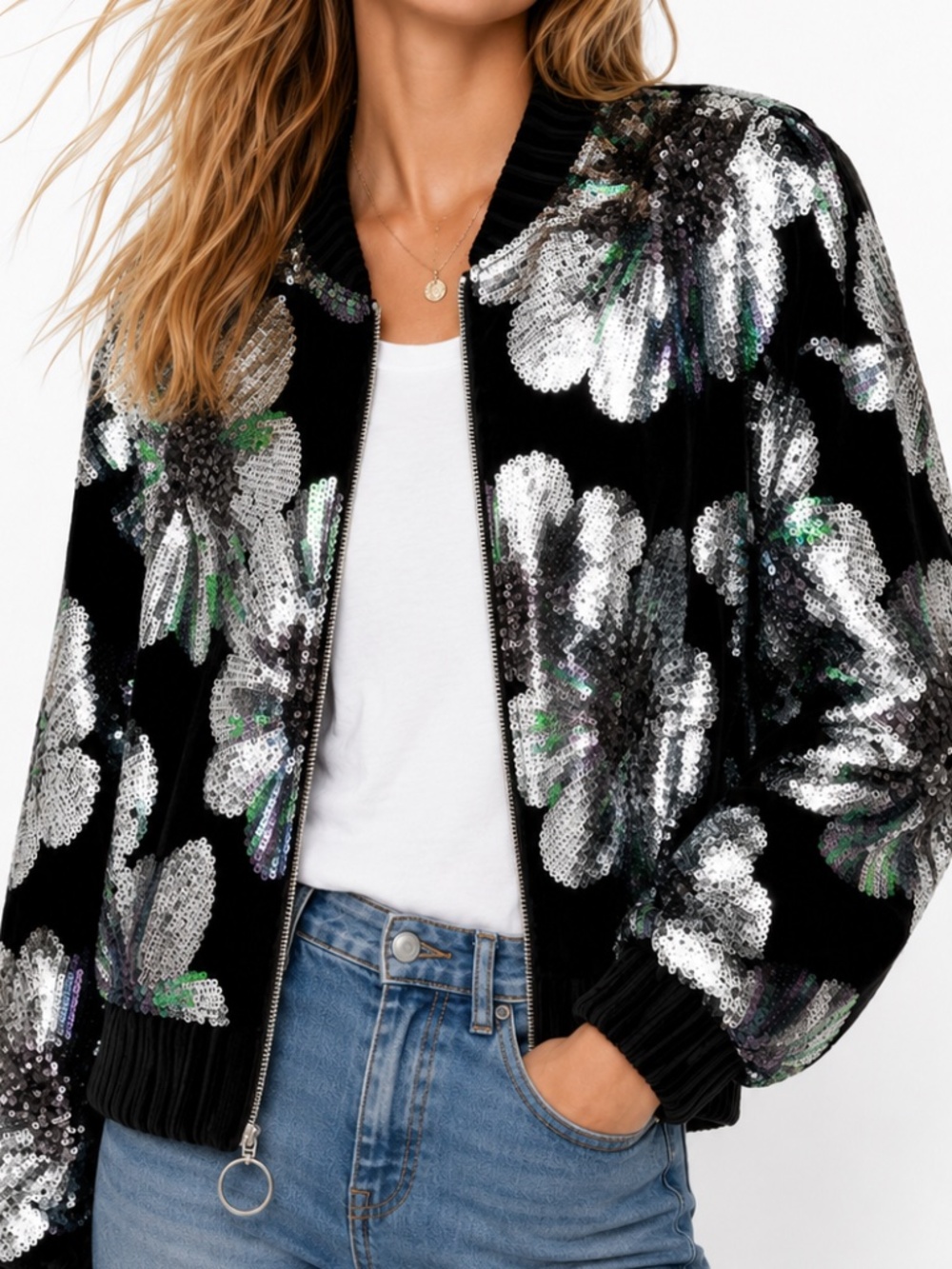 SABINA MUSAYEV Jinna Velvet Sequin Floral Cropped Bomber Jacket Size S NWT